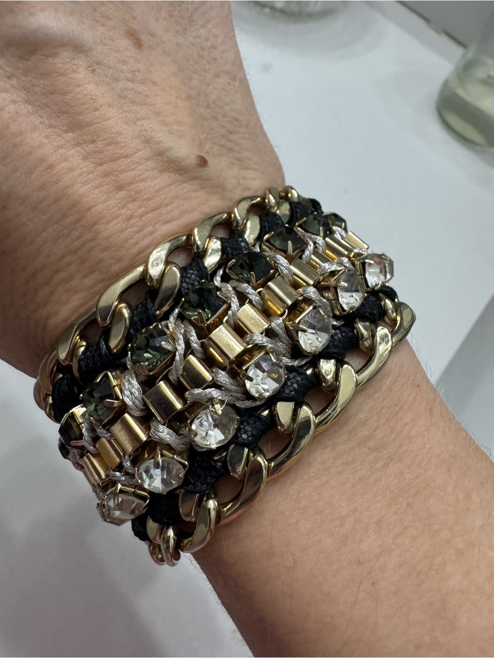 Gold Chain and Black Leather Multi-Strand Crystal Bracelet